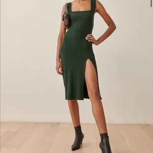 Reformation Cassie Forest Green Square Neck Dress size: large